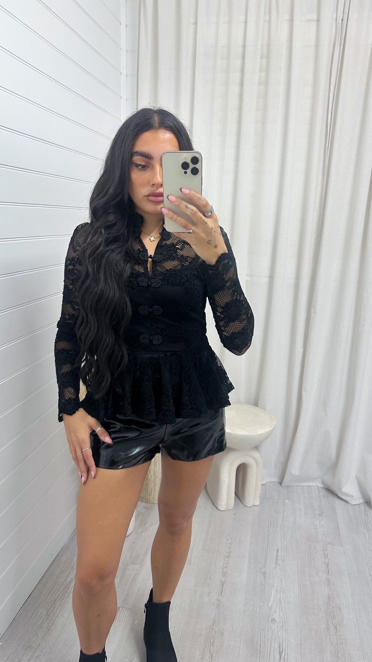 Manderin Neck Long Sleeve Lace Top - BLACK