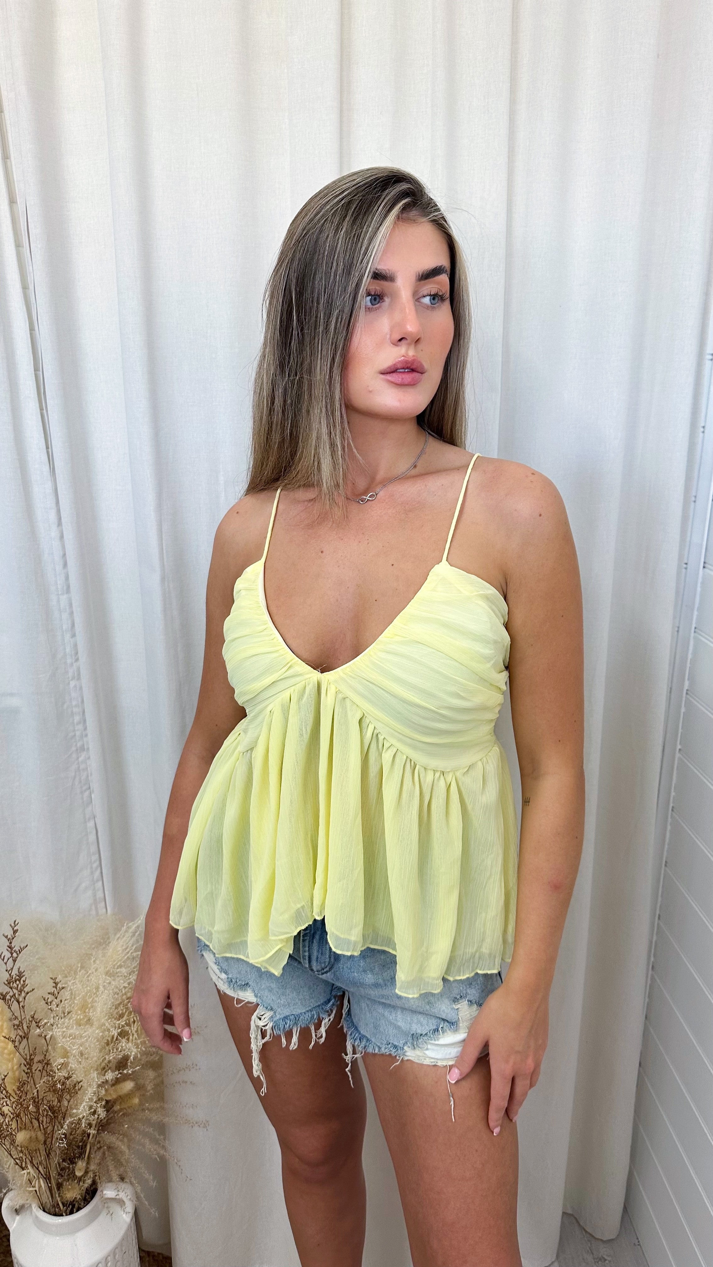 Strappy Chiffon Ruched Top - LEMON