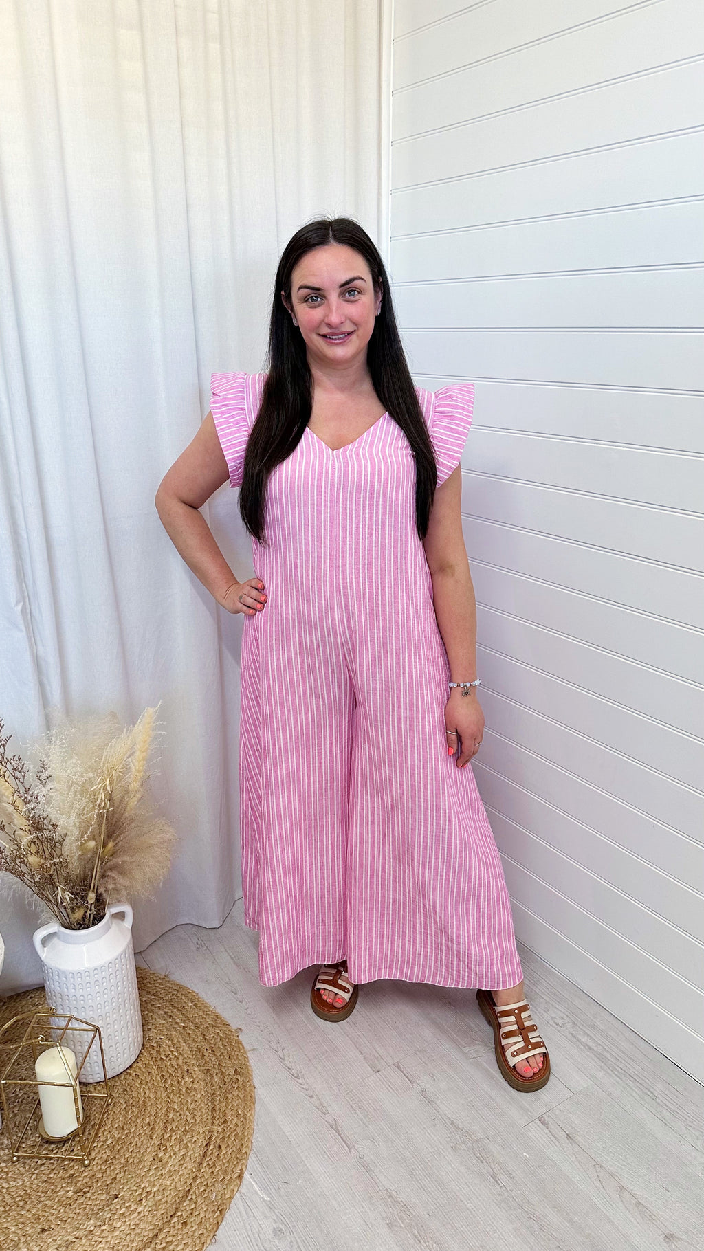 Pinstripe Linen Wide Leg Jumpsuit - PINK