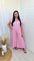 Pinstripe Linen Wide Leg Jumpsuit - PINK