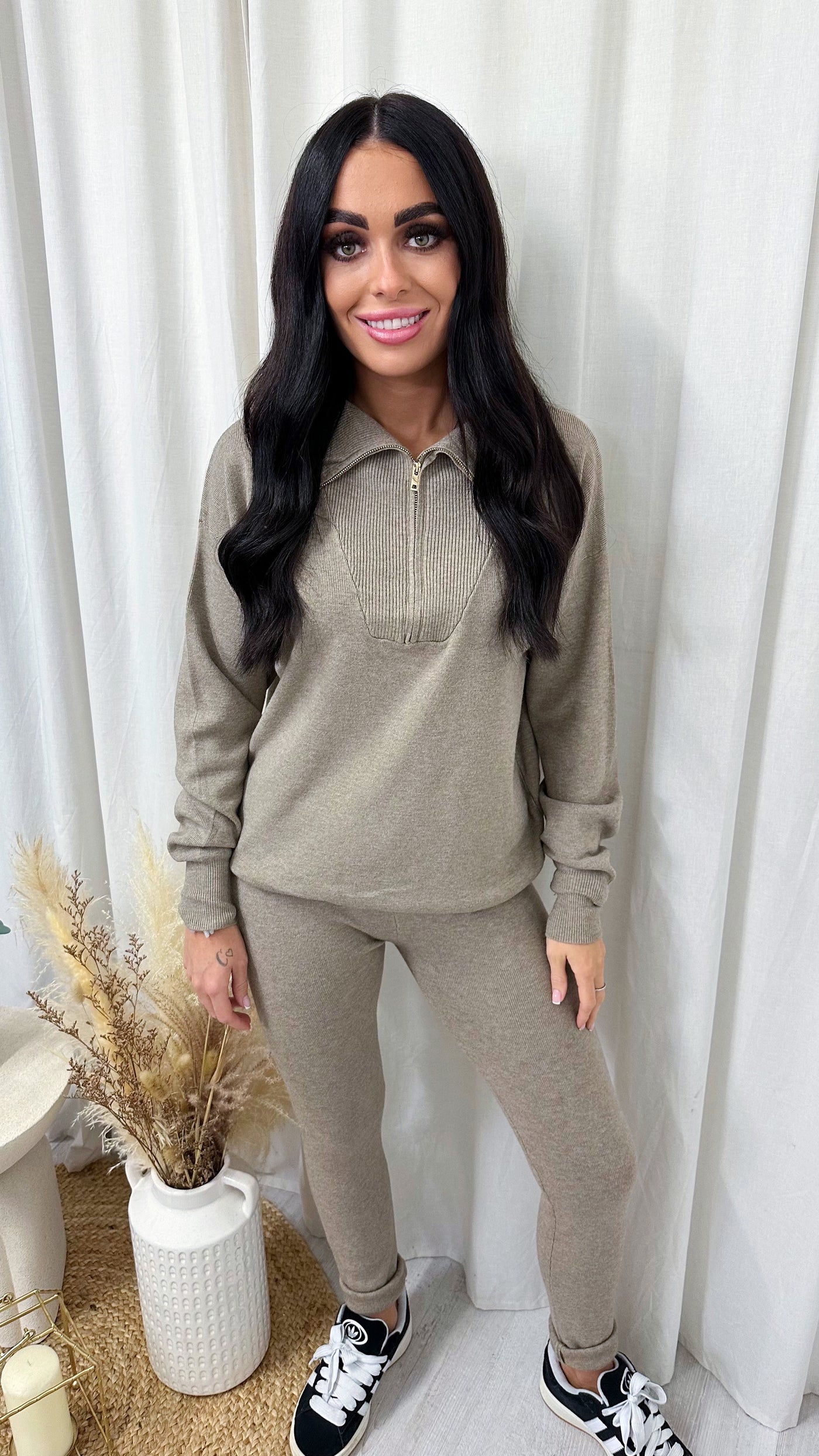 Soft Knit Half Zip Jumper and Leggings Co-Ord - TAUPE