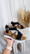 Suede Comfort Wedge Sandals - BLACK