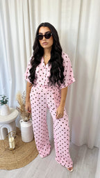 Polka Dot Cropped Shirt and Trousers Co-Ord - PINK/BROWN