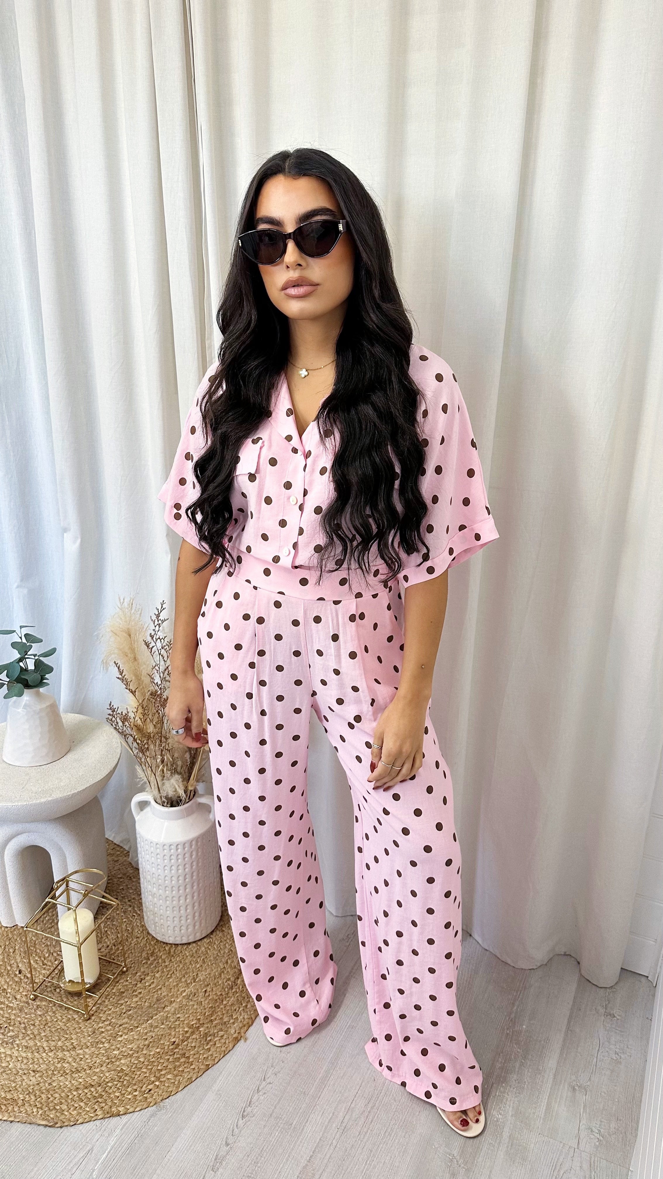 Polka Dot Cropped Shirt and Trousers Co-Ord - PINK/BROWN