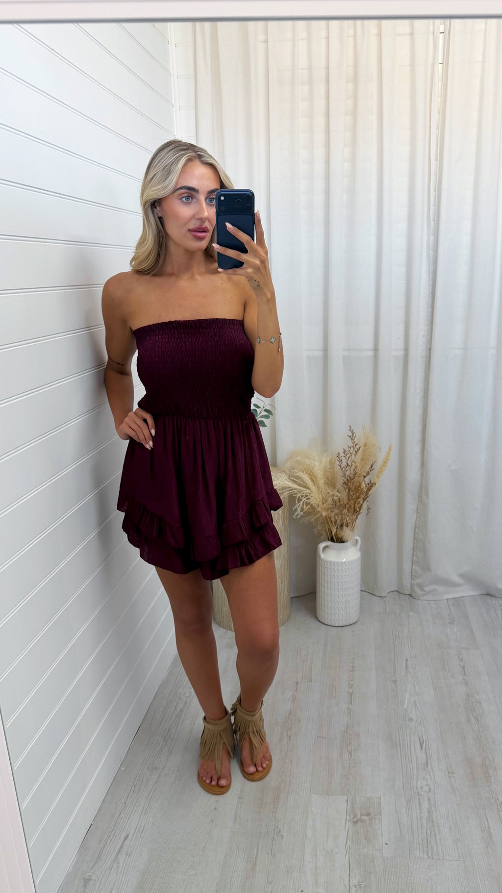 Shirred Bardot Frill Playsuit - WINE