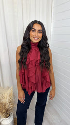 Halter Neck Chiffon Ruffle Front Top - WINE