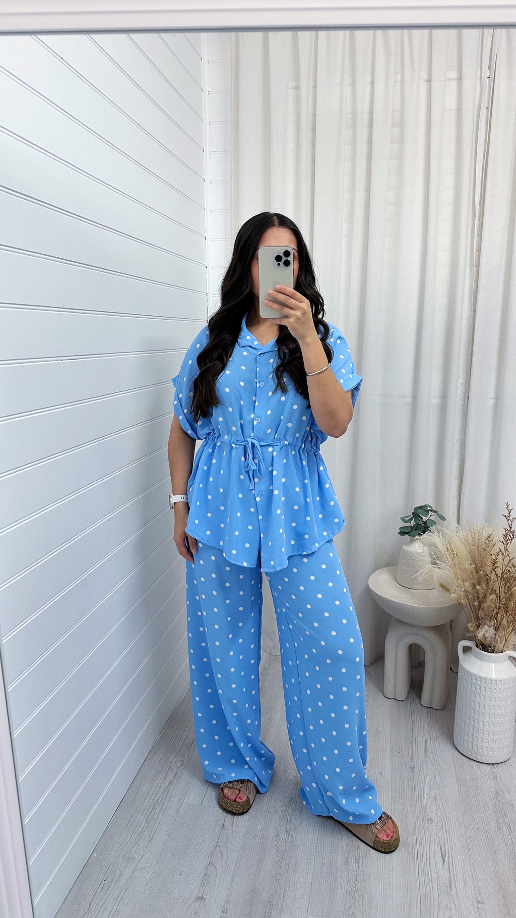 Polka Dot Cinched Shirt and Trousers Co-Ord - BABY BLUE