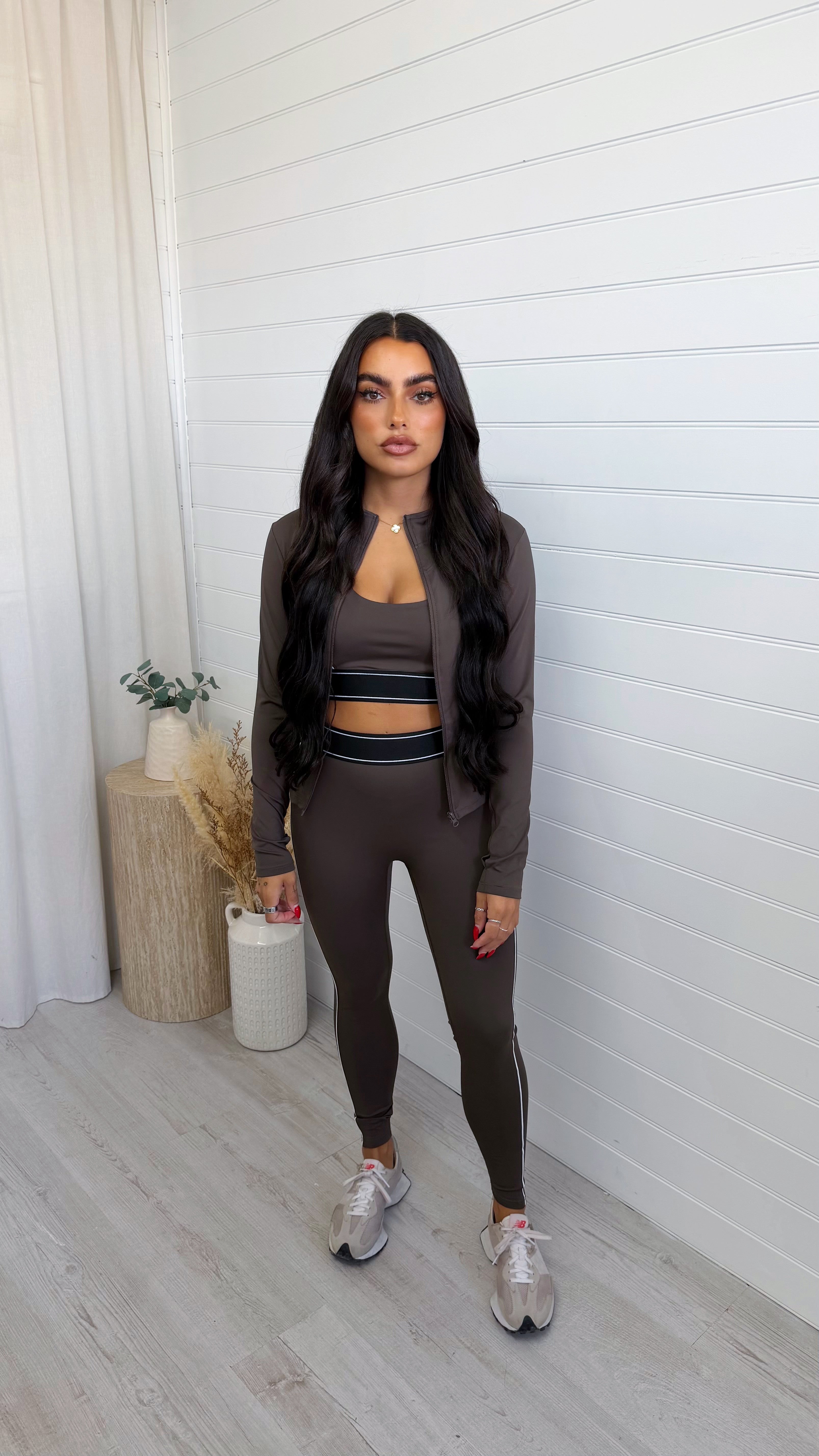 3 Piece Piped Activewear Set - BROWN