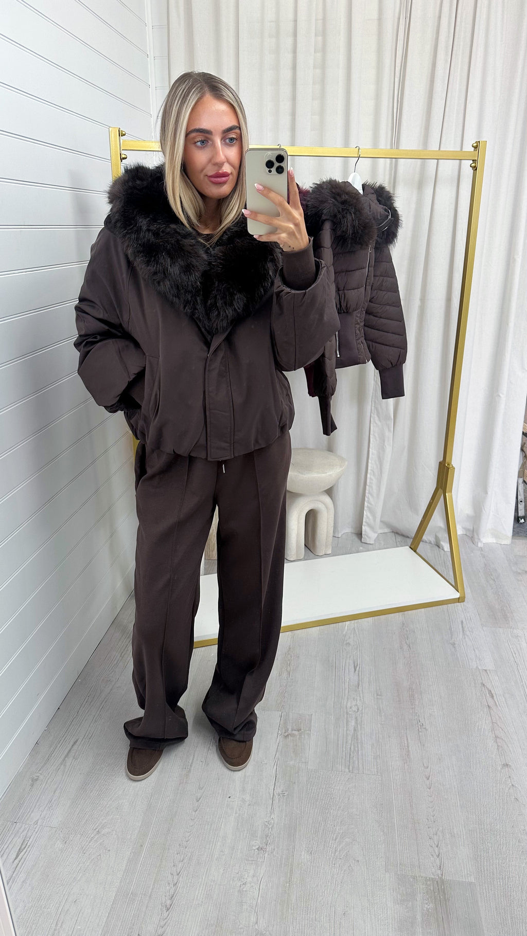 Faux Fur Trim Puffer Coat - BROWN