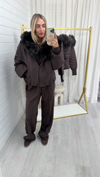 Faux Fur Trim Puffer Coat - BROWN