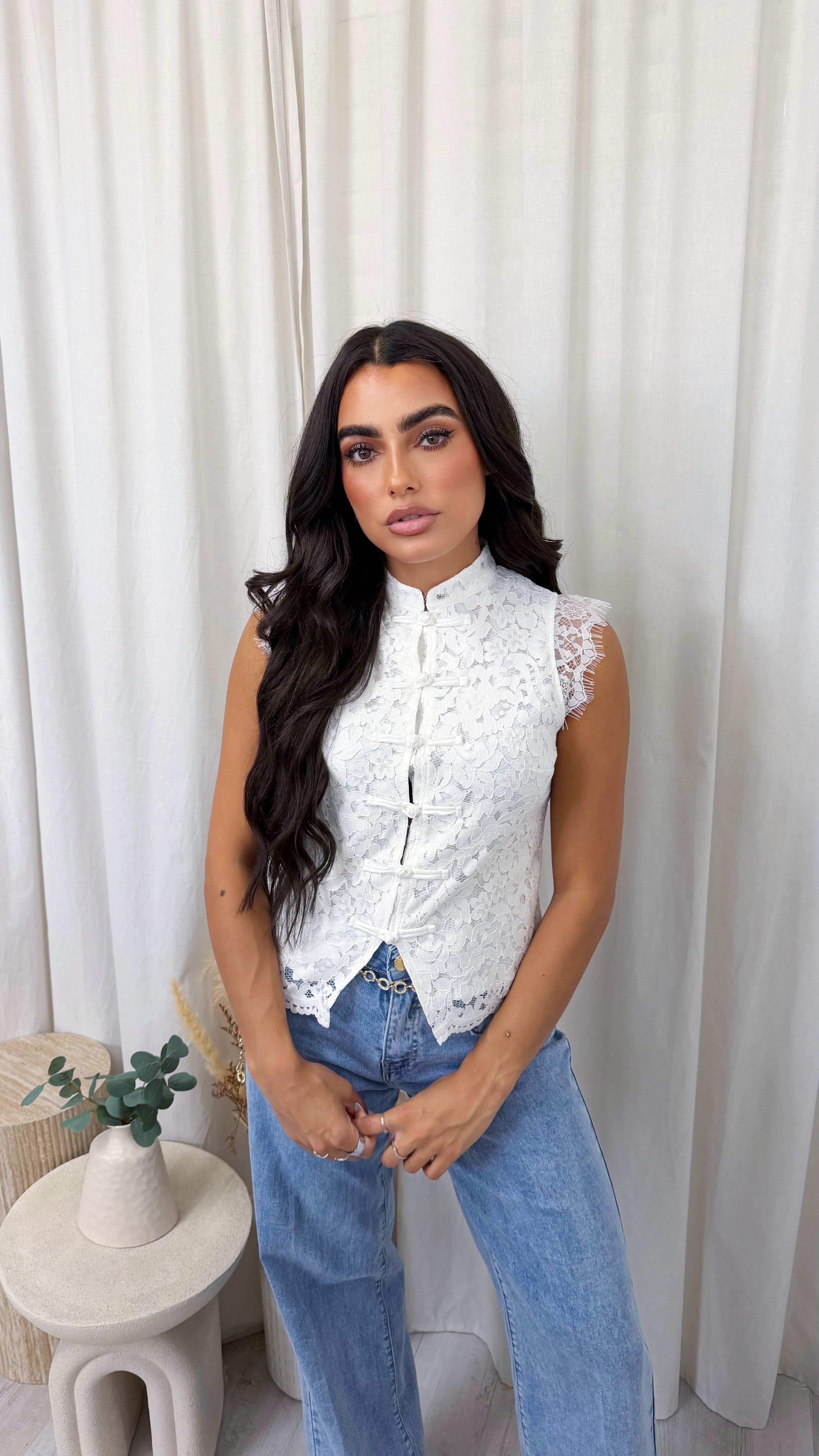 Lace Button Down Waistcoat - WHITE
