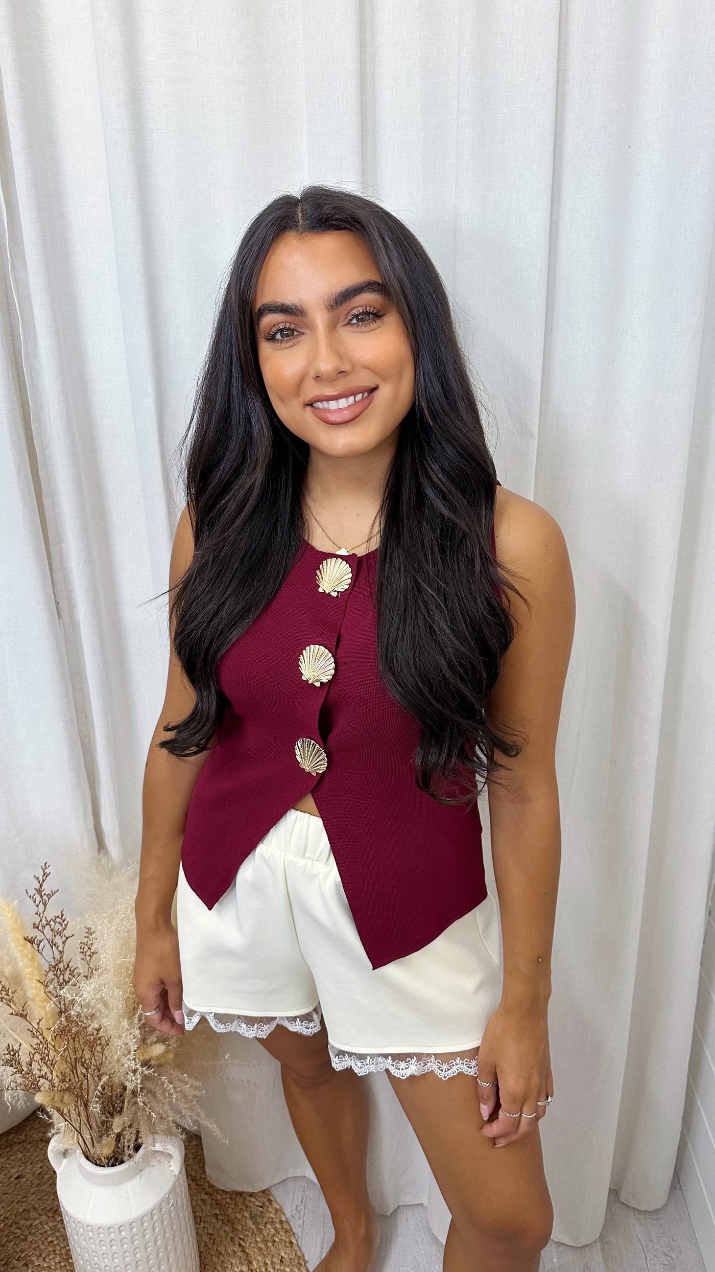 Seashell Fine Knit Waistcoat - BURGUNDY