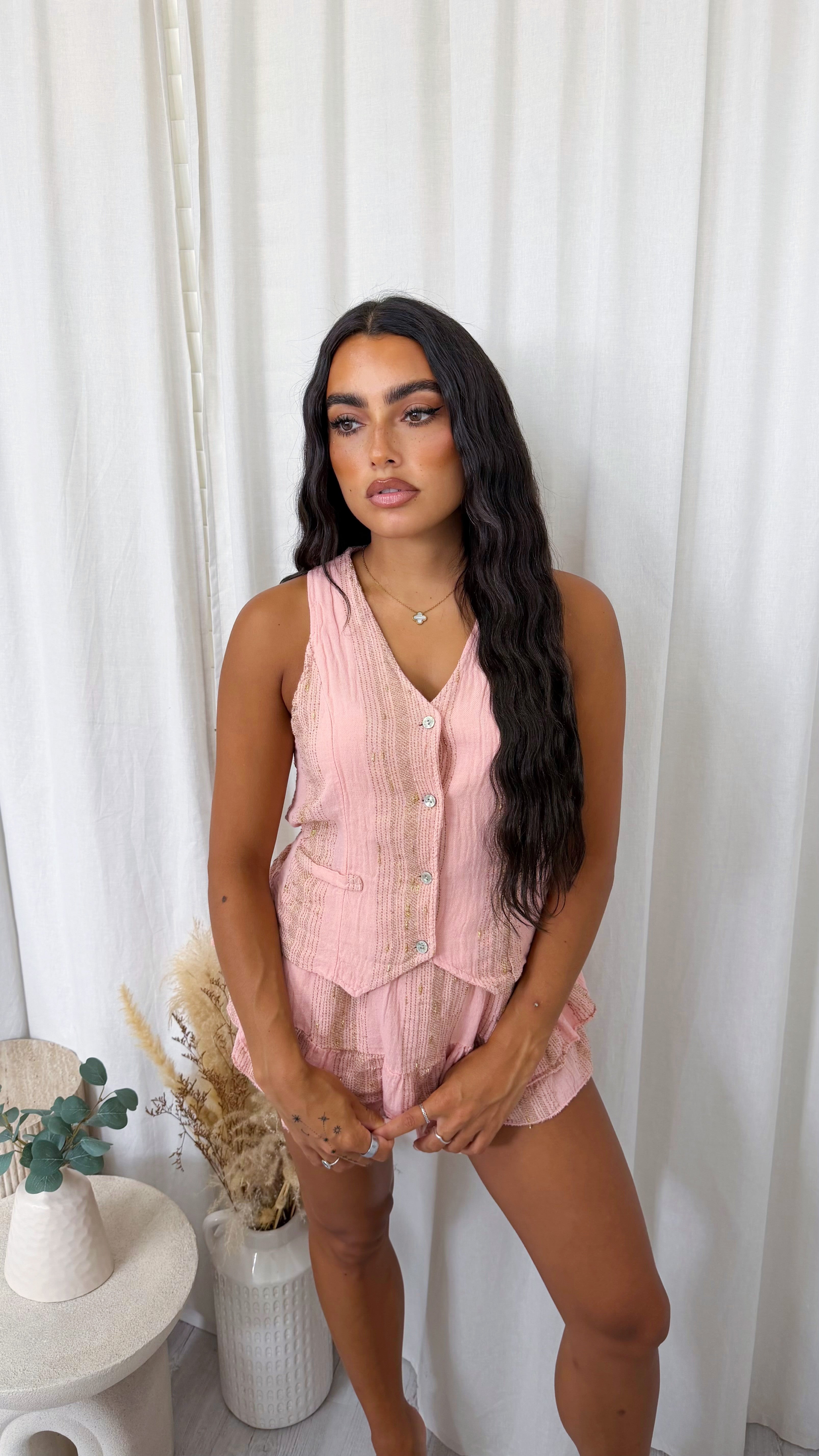 Gold Thread Linen Waistcoat and Frill Skort Co-Ord - PINK