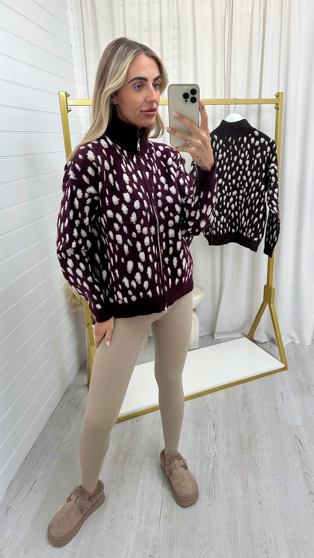 Deer Print Knitted Jacket - BURGUNDY