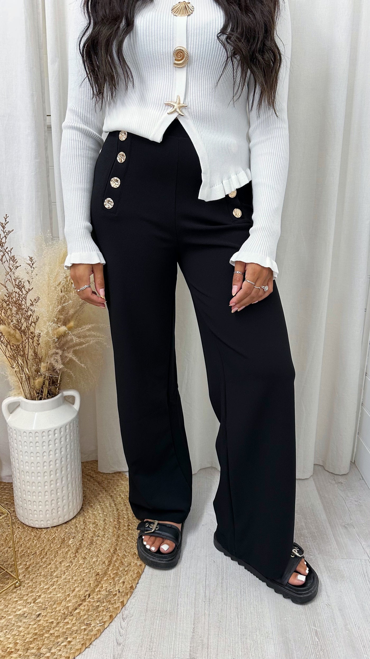 Gold Button Wide Leg Stretchy Trousers - BLACK