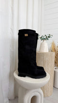 Knee High Gold Buckle Fold Over Boots - BLACK
