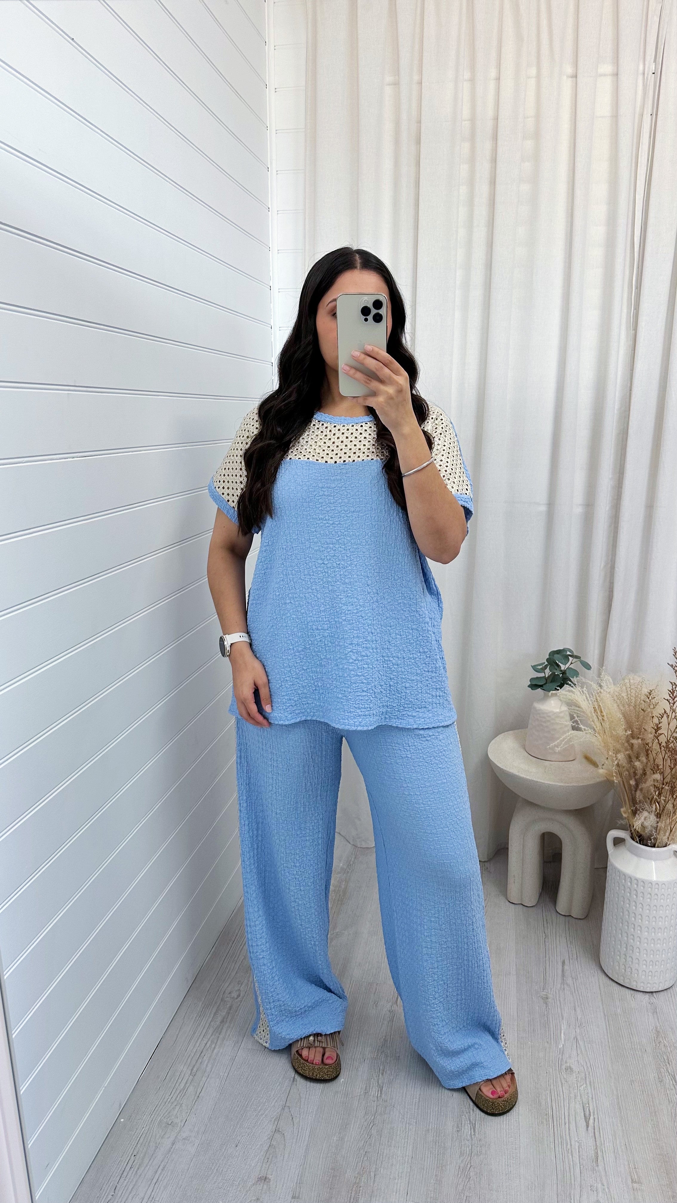 Metallic Mesh T-Shirt and Trouser Co-Ord - BABY BLUE