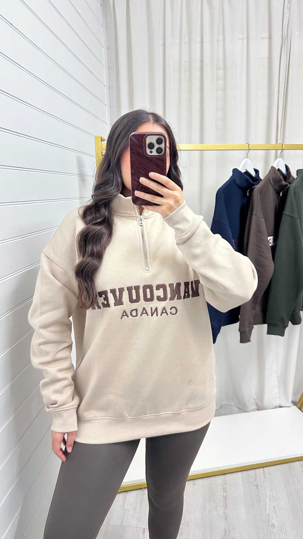 Vancouver Embroidered Half Zip Sweatshirt - BEIGE