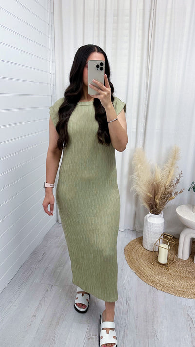 Plain Crinkle Midi Dress - SAGE