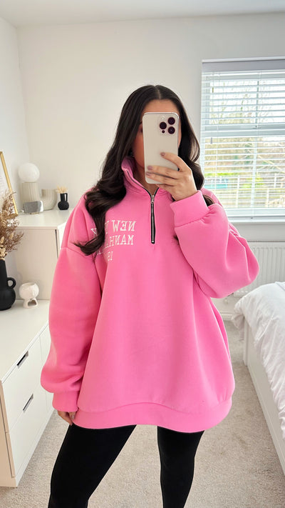 New York Oversized Half Zip Sweatshirt - CANDY PINK