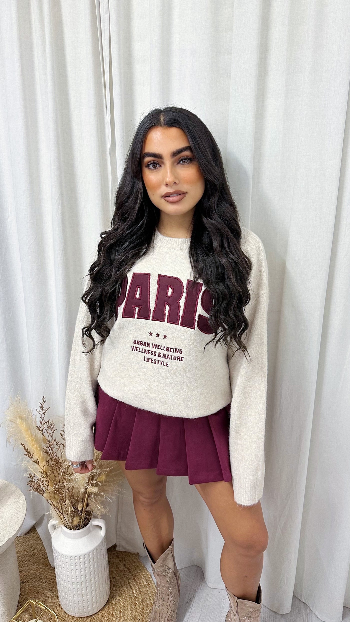 Suede PARIS Graphic Slogan Knitted Jumper - BEIGE/WINE