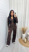 Gold Button Cardigan and Straight Trousers Co-Ord - BROWN