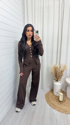 Gold Button Cardigan and Straight Trousers Co-Ord - BROWN