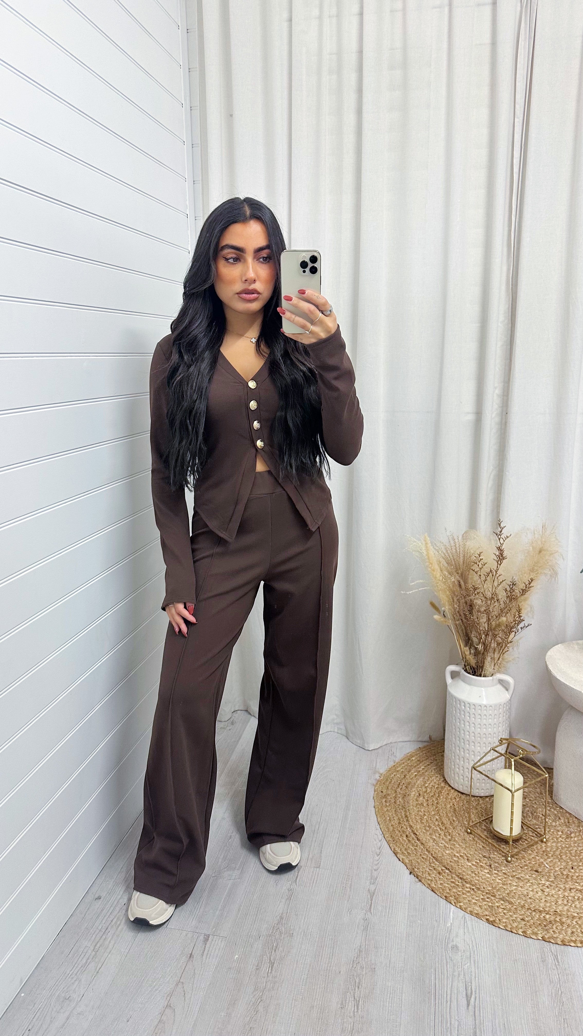 Gold Button Cardigan and Straight Trousers Co-Ord - BROWN