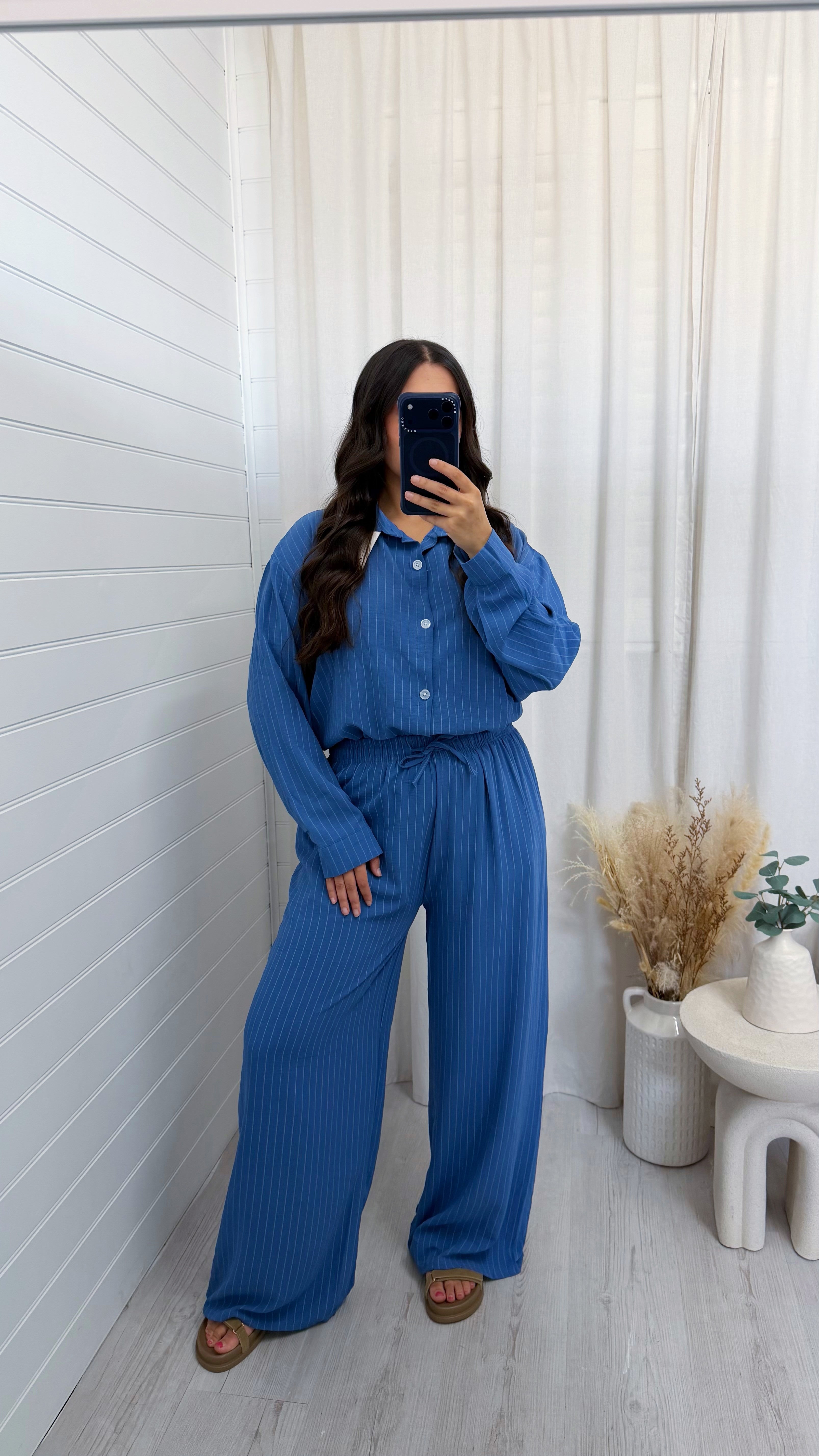 Oversized Pinstripe Shirt and Trousers Co-Ord - BLUE