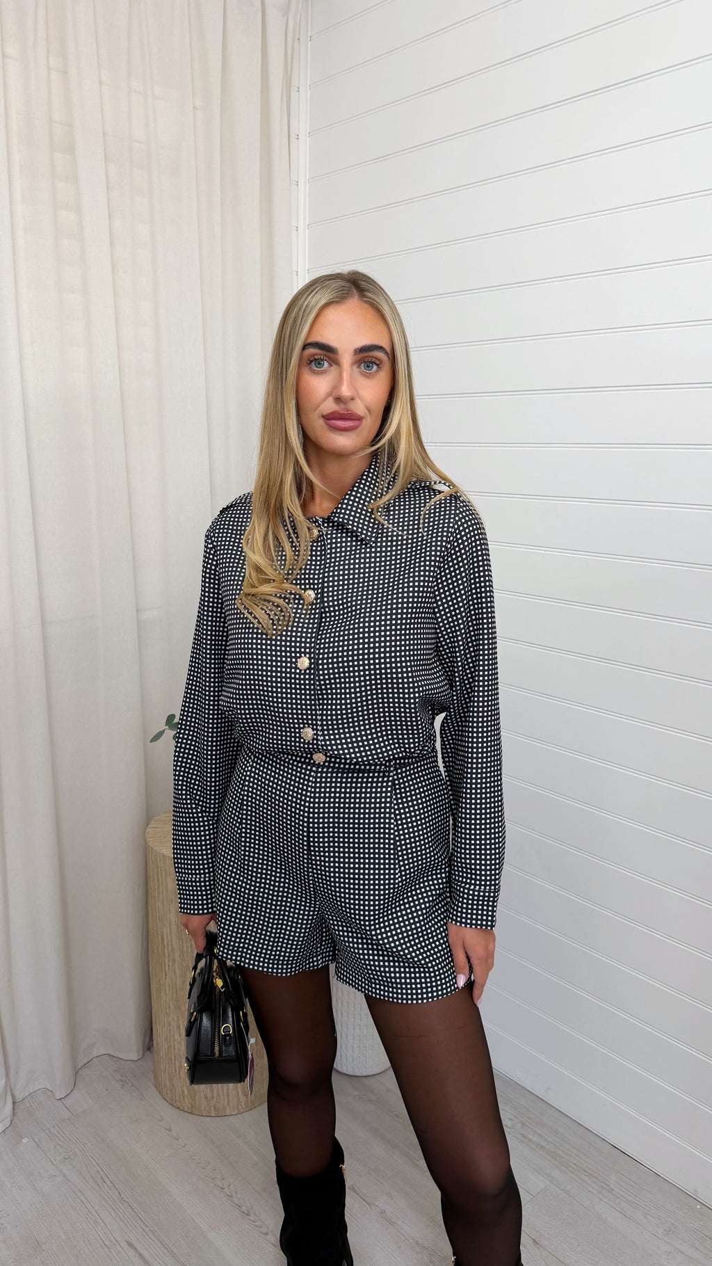 Gingham Crop Shirt and Shorts Co-Ord - BLACK