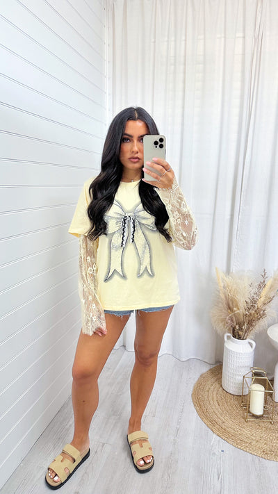 Lace Sleeve Rhinestone Bow T-Shirt - LEMON
