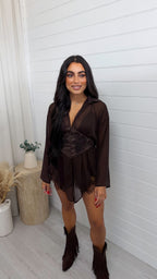 Sheer Corset Dip Hem Shirt - BROWN