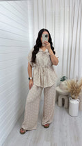Polka Dot Cinched Shirt and Trousers Co-Ord - BEIGE
