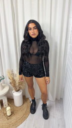 *BRA NOT INCLUDED* 2 Piece Sequin Mesh Bodysuit, Bralette and Shorts Co-Ord - BLACK