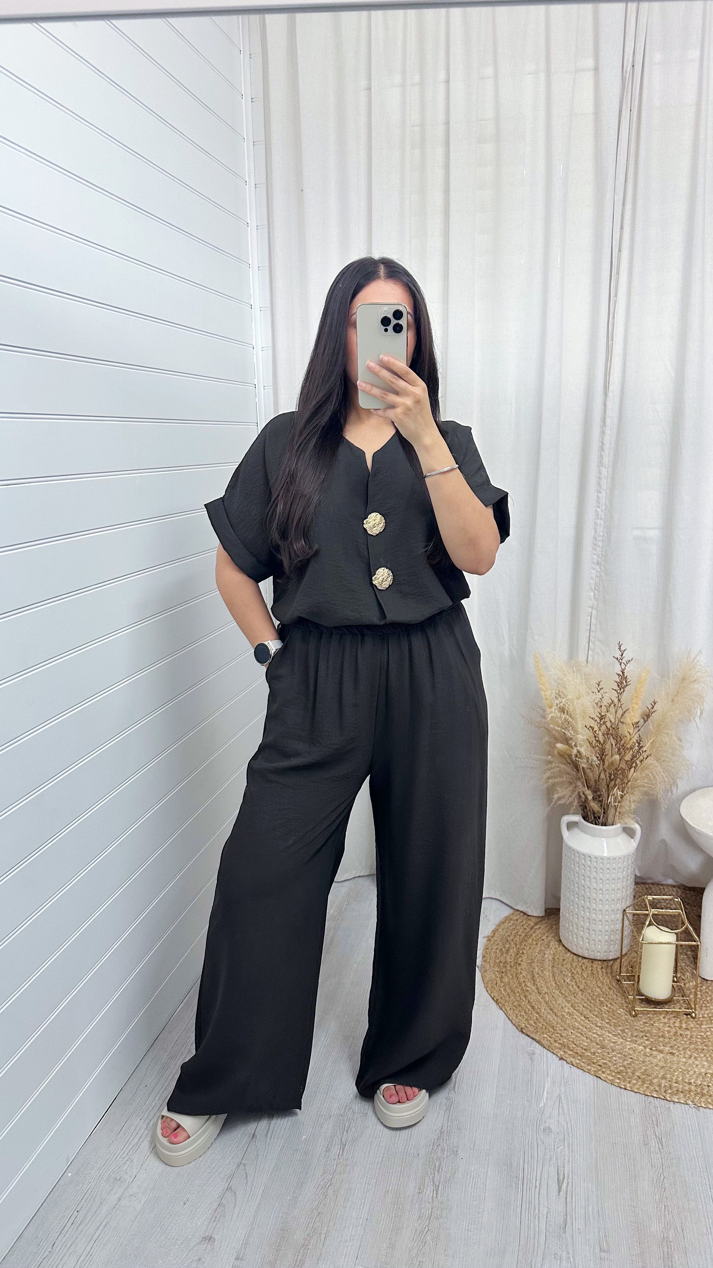 Gold Button V Neck Top and Wide Leg Trousers Co-Ord - DARK BROWN