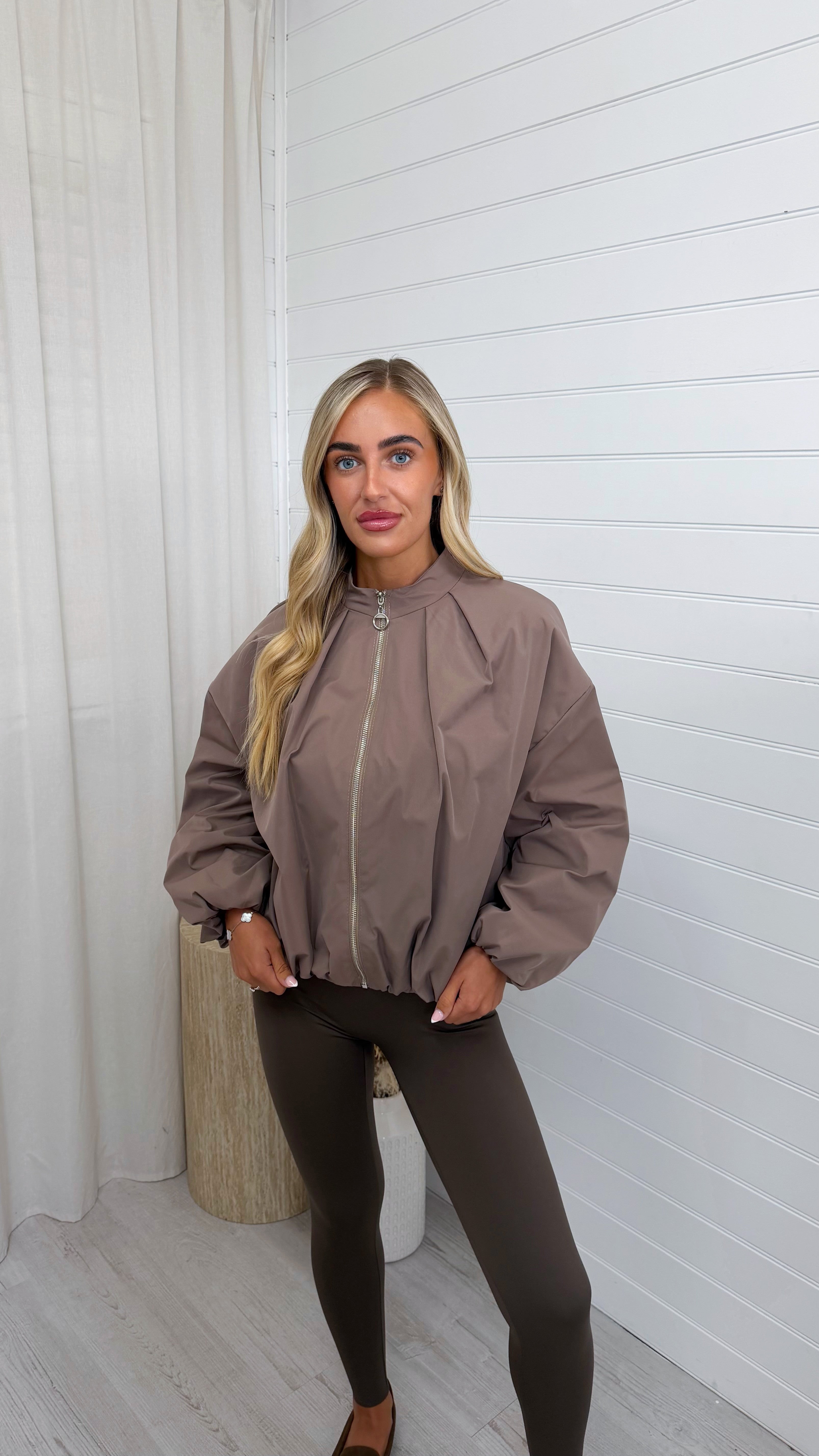 Pleated Shoulder Bomber Jacket - MOCHA