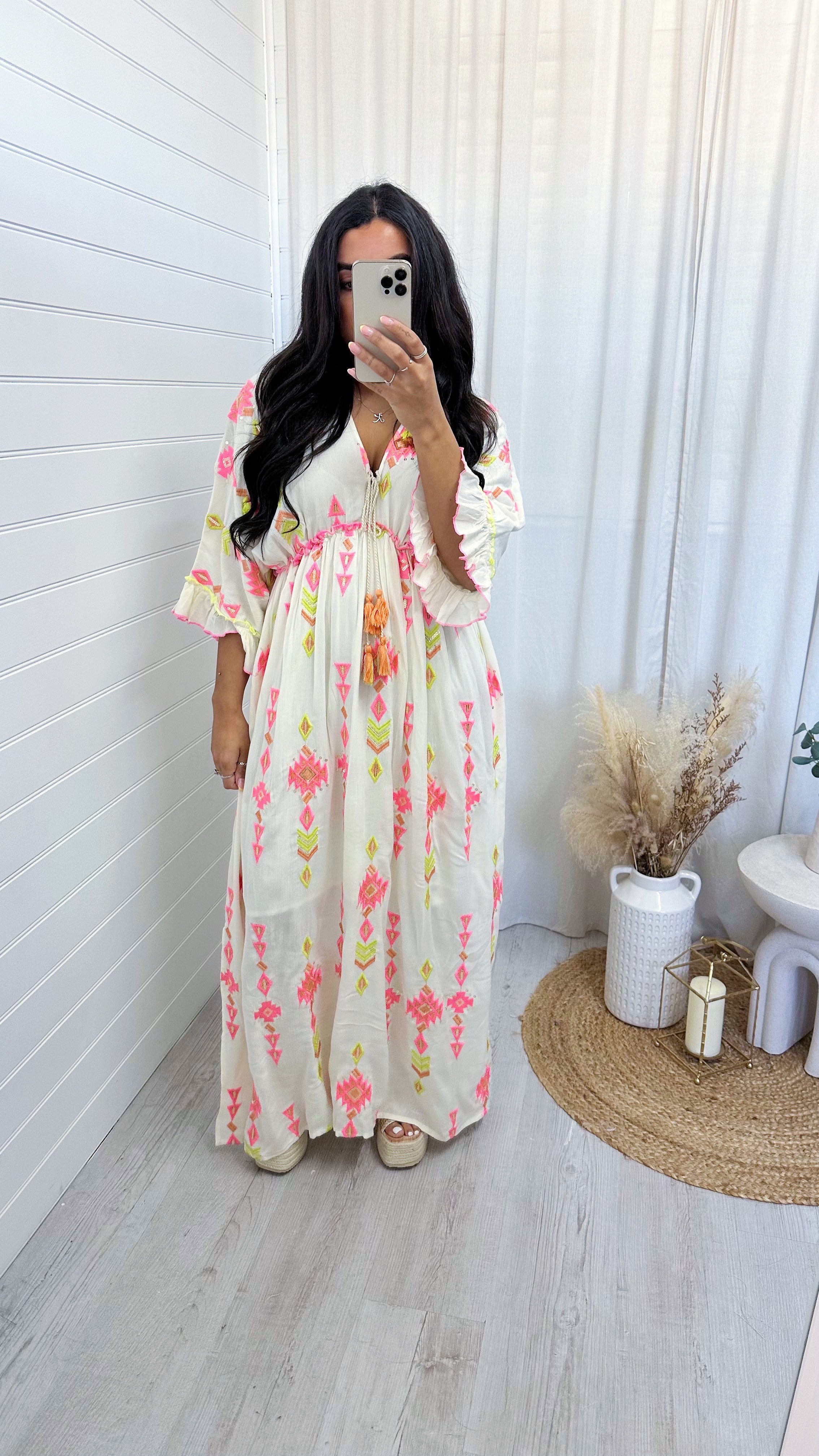 Aztec Beaded V Neck Maxi Dress - CREAM