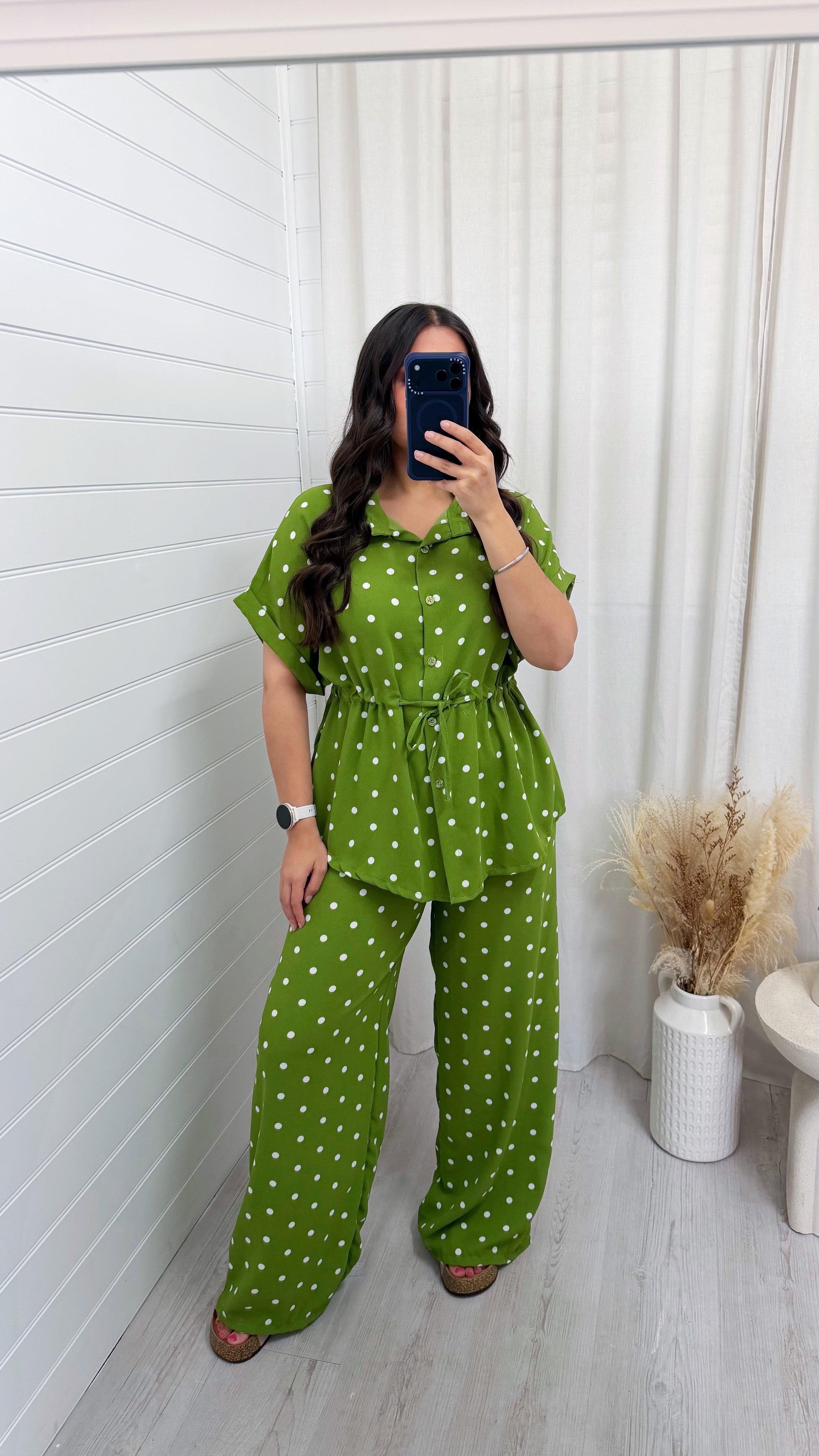 Polka Dot Cinched Shirt and Trousers Co-Ord - OLIVE GREEN