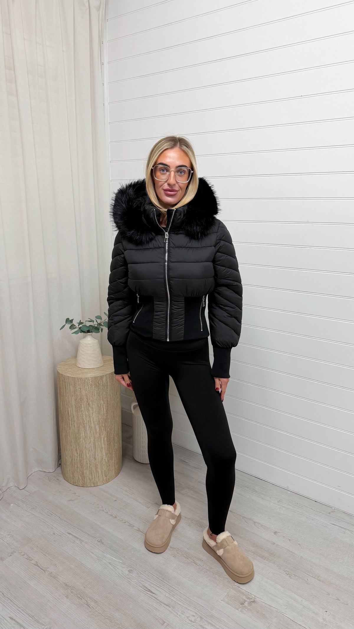 Fur Hooded Cinched Coat - BLACK