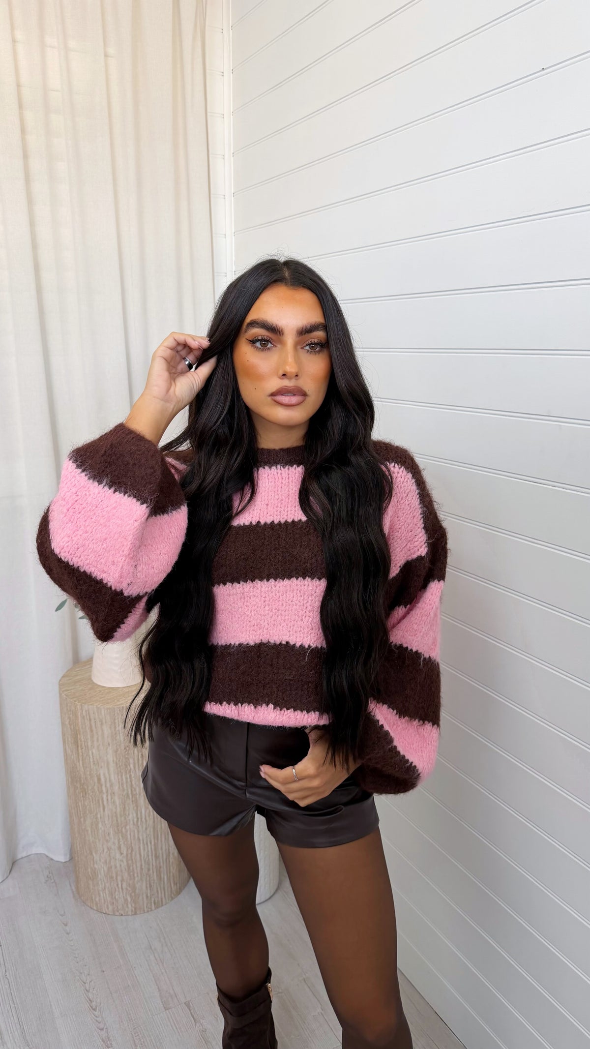 Chunky Stripe Woollen Jumper - PINK/BROWN
