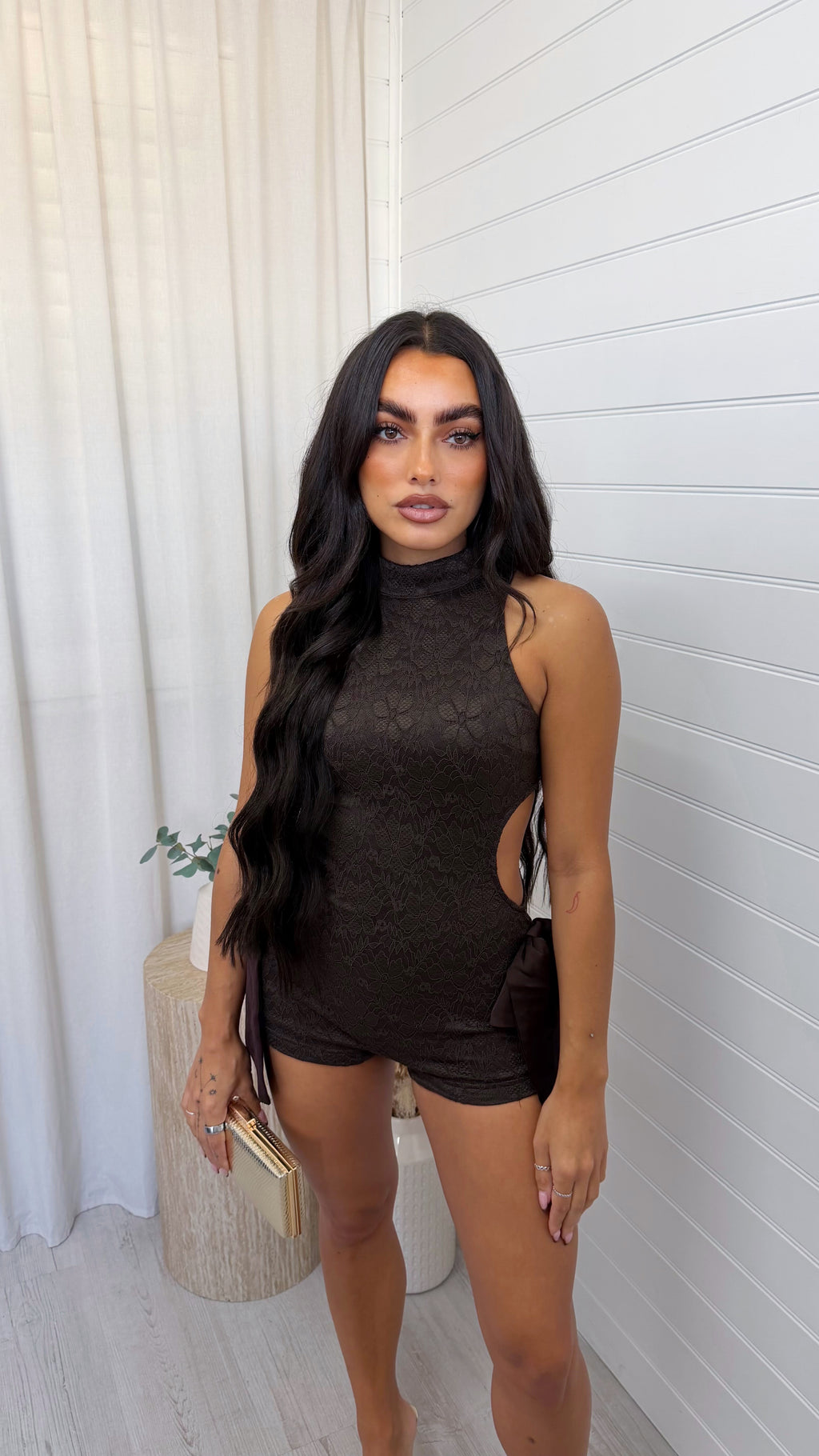 Cut Out Lace Playsuit - BROWN
