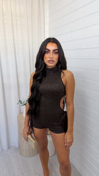 Cut Out Lace Playsuit - BROWN