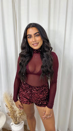 *BRA NOT INCLUDED* 2 Piece Sequin Mesh Bodysuit, Bralette and Shorts Co-Ord - WINE