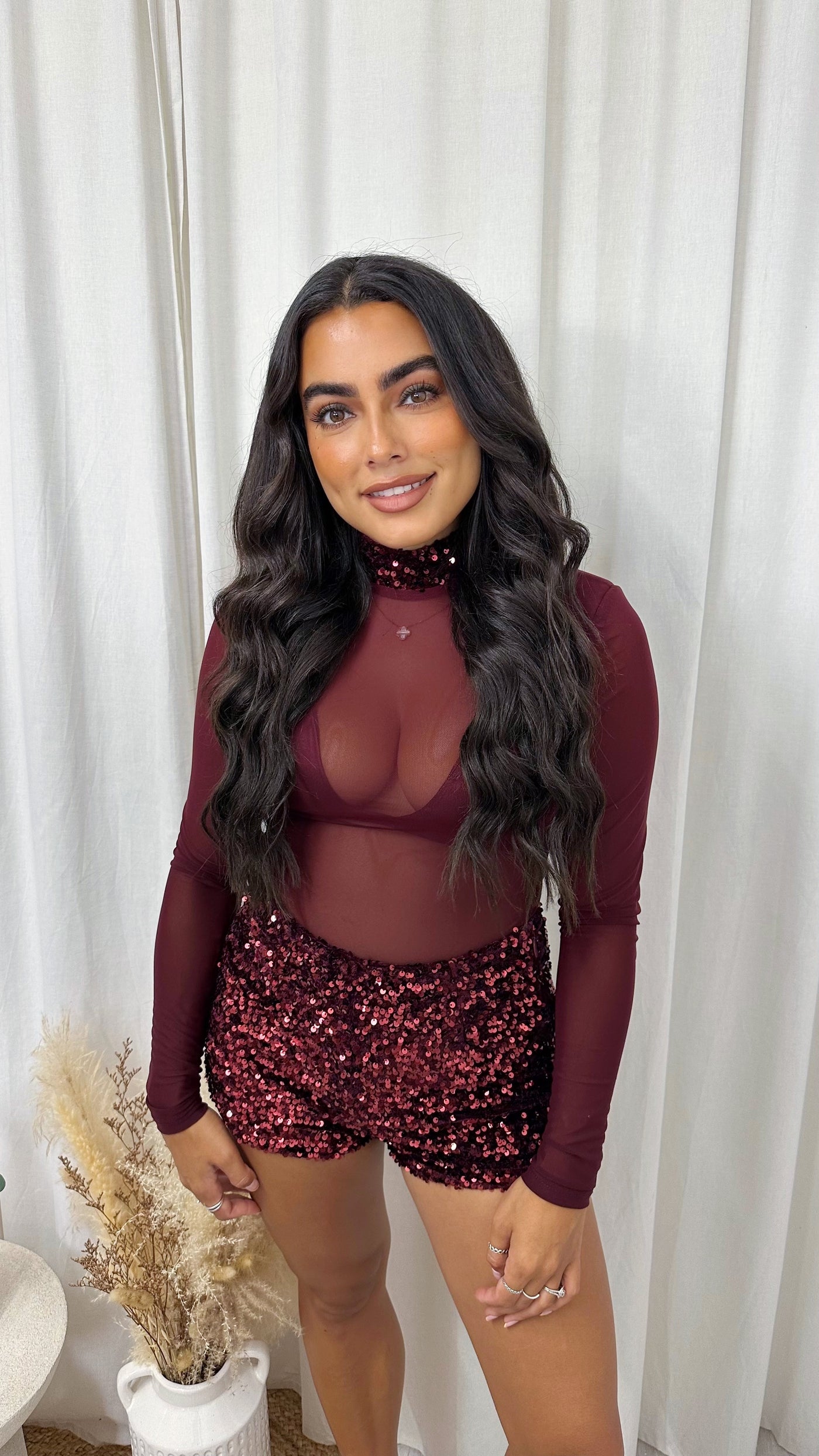 3 Piece Sequin Mesh Bodysuit, Bralette and Shorts Co-Ord - WINE