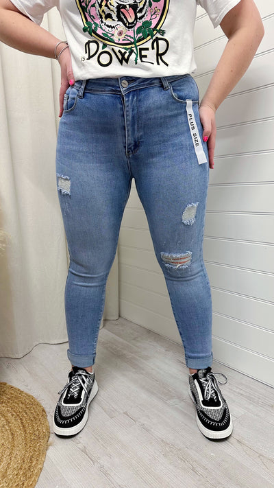 PLUS High Waisted Stretchy Ripped Skinny Jeans - DENIM BLUE