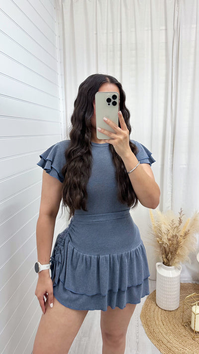 Frill Sleeve Top and Frill Ruched Skirt Co-Ord - DENIM BLUE