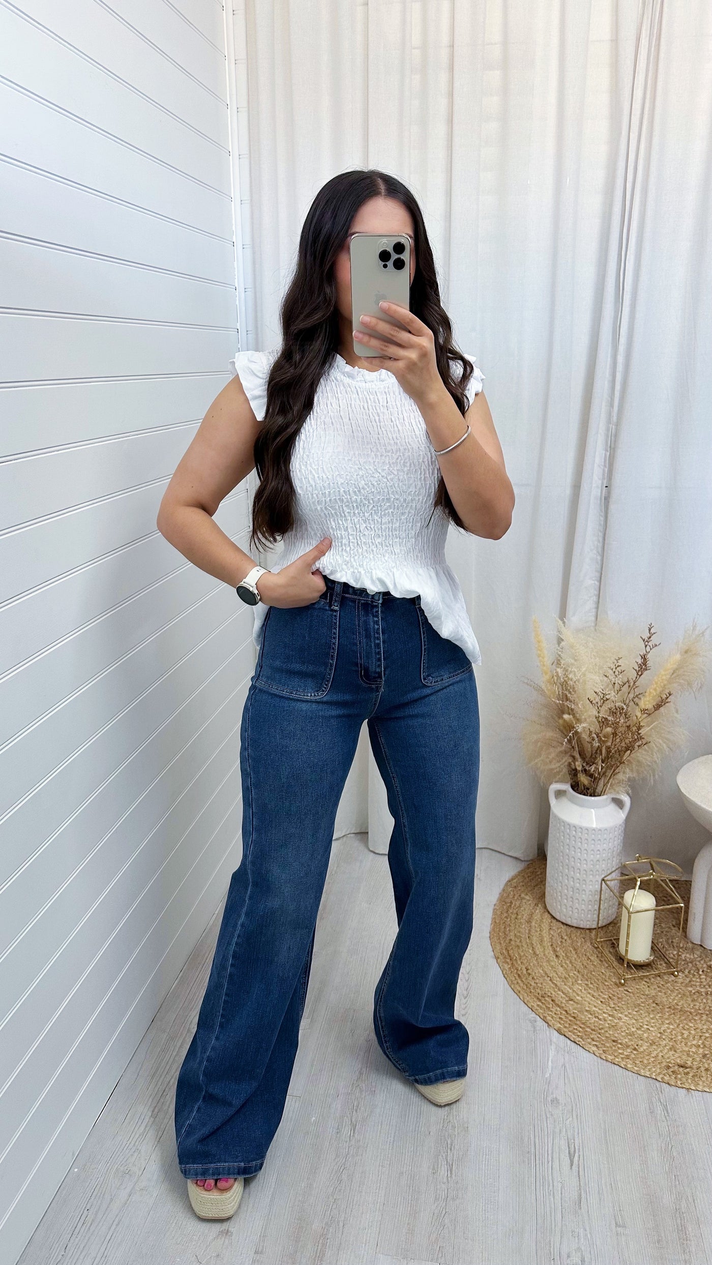 High Waisted Front Pocket Denim Flared Jeans - DARK DENIM