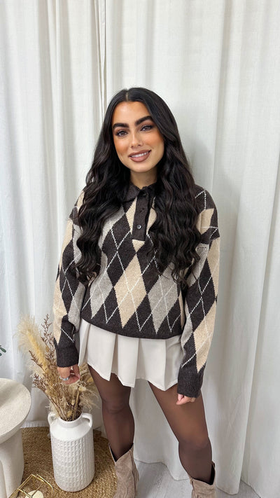 Soft Knitted Argyle Woollen Jumper - BROWN