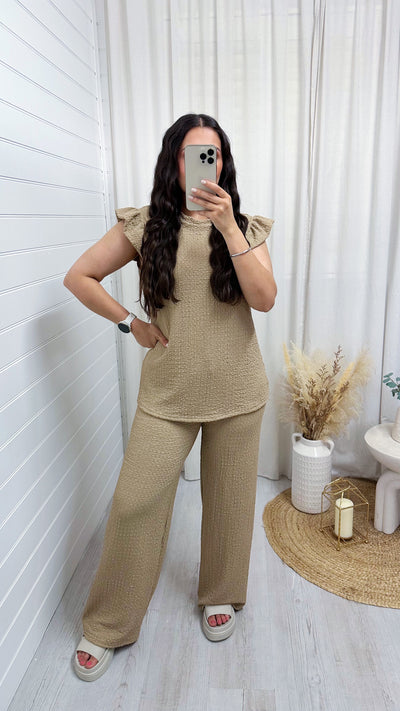 Cheesecloth Frill Shoulder Top and Trousers Co-Ord - TAUPE