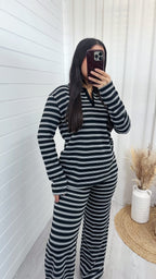 Chunky Stripe Rugby Sweatshirt and Trousers Co-Ord - BLACK